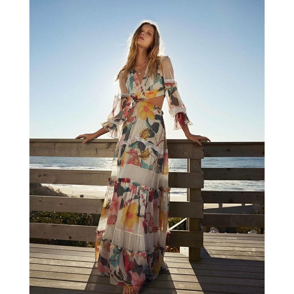 PatBo Hibiscus Lace Trim Cut Out Maxi Dress in Vanilla US2